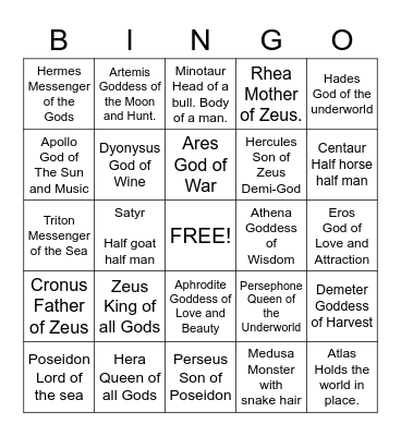 Greek Gods Bingo Card