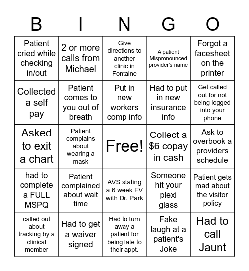 Ortho Front Desk Bingo Card