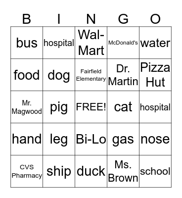 Common/Proper Noun Bingo Card