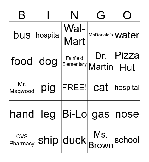 Common/Proper Noun Bingo Card