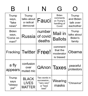 PRESIDENTIAL DEBATE 2020 Bingo Card