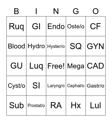 Medical Bingo Card