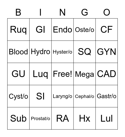 Medical Bingo Card