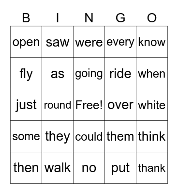 Sight Words Bingo Card