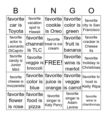 Favorite Things Bingo Card
