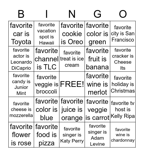 Favorite Things Bingo Card