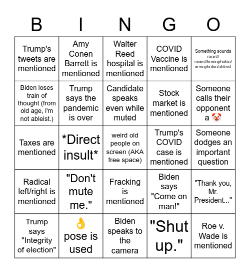 Final Debate Bingo 2020 Bingo Card