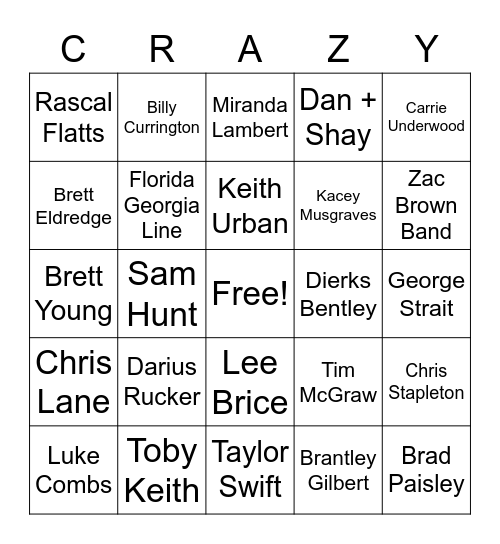 Pop Country Artists Bingo Card