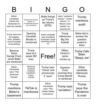 2020 Presidential Debate Drinking Game Bingo Card