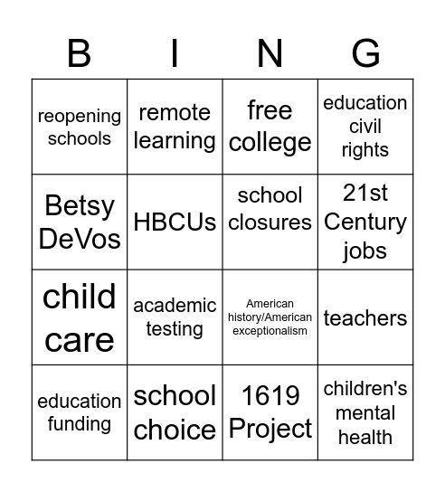2020 Presidential Debate Edu-Bingo-Rama Bingo Card