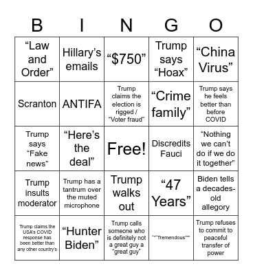2020 Final Debate Bingo Card