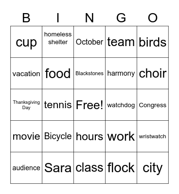 Noun Bingo Card