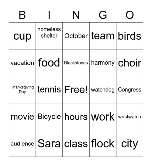 Noun Bingo Card