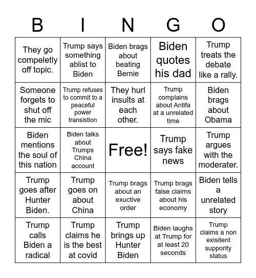 Final Presidental Debate Bingo card Bingo Card