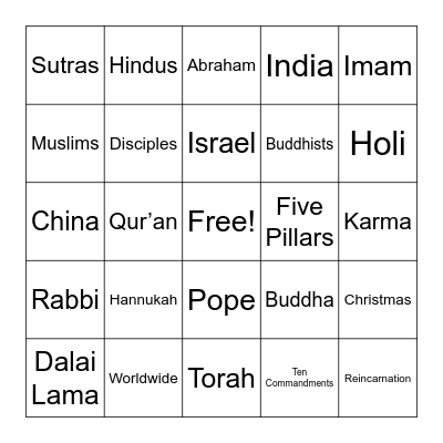 World Religion Bingo! Bingo Card