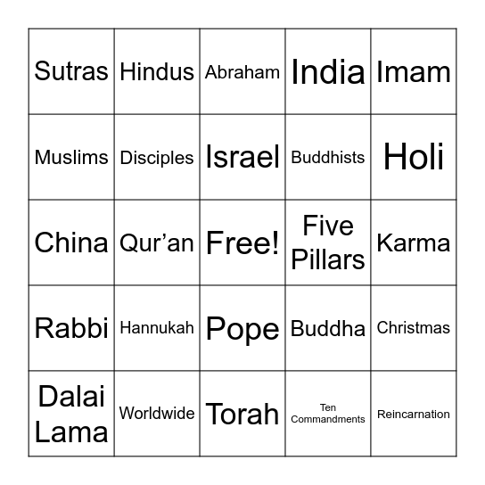 World Religion Bingo! Bingo Card