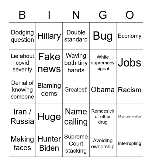 Presidential Debate 2020 Bingo Card