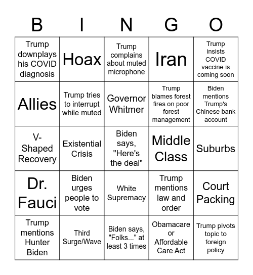 PRESIDENTIAL DEBATE BINGO! Bingo Card