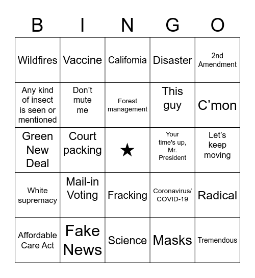 2020 Presidential Debate Bingo Card