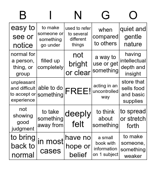 Books Through Bars- Vocabulary Bingo Card