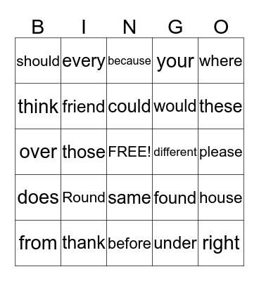 High Frequency Wods Bingo Card