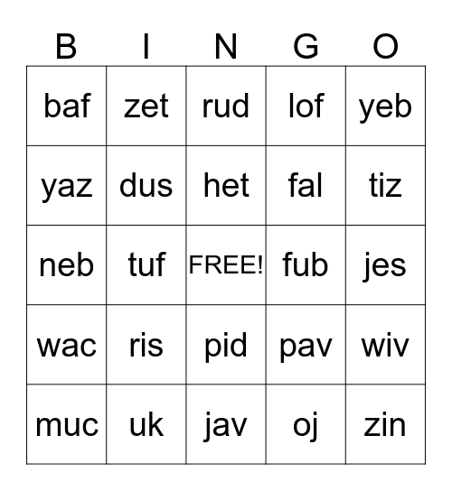 Nonsense Words Bingo Card