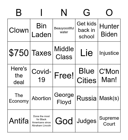 2020 Presidential Debate Bingo Card