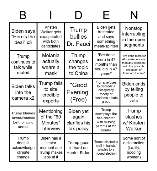 Final Presidential Debate Bingo Card