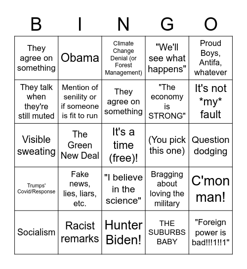 10/22 Debates Bingo Card