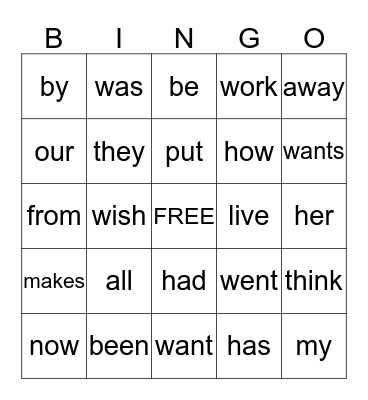 1st grade sight words Bingo Card