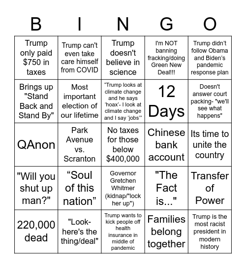 Biden Debate Bingo Card
