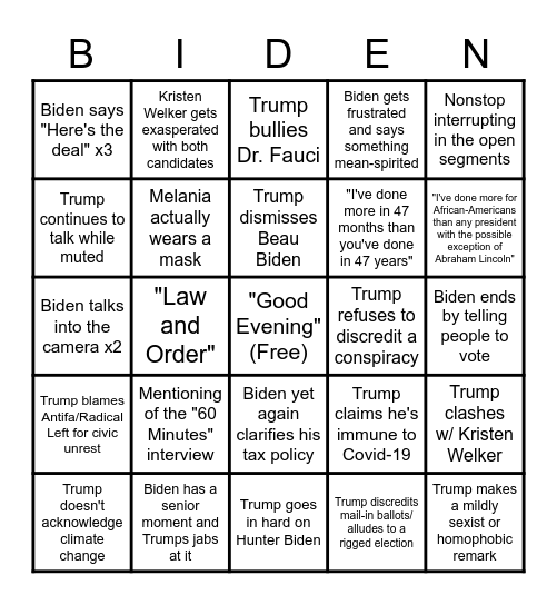 Final Presidential Debate Bingo Card