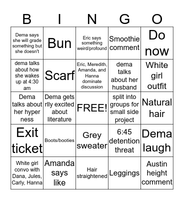 English class Bingo Card