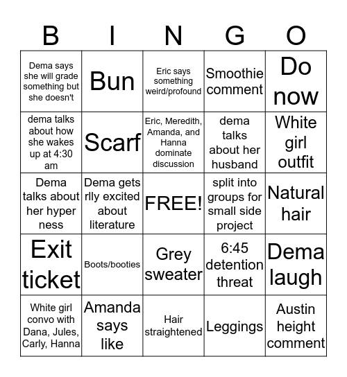 English class Bingo Card