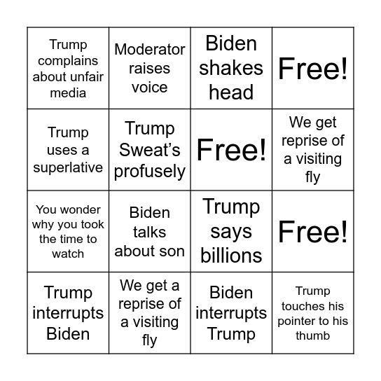Trump Debate Bingo Card