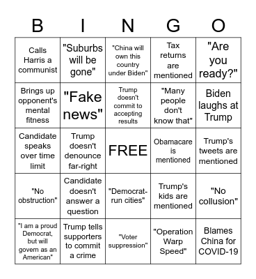 Third 2020 Presidential Debate Bingo Card