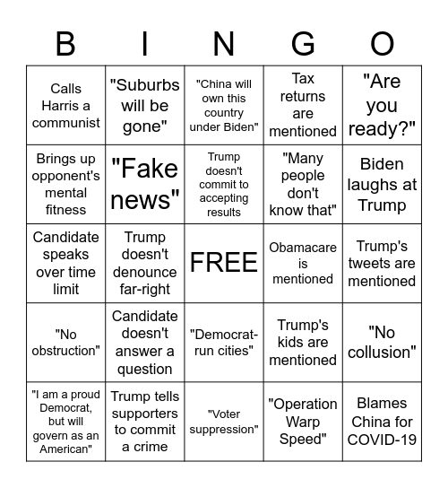 Third 2020 Presidential Debate Bingo Card