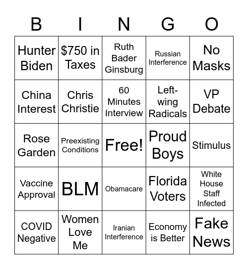 2nd Presidential Debate Bingo Card