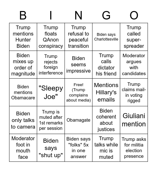 POTUS 2020 2nd Debate Bingo Card