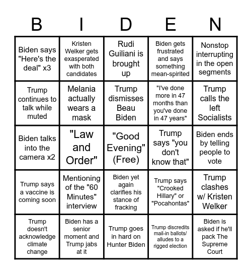 Final Presidential Debate Bingo Card