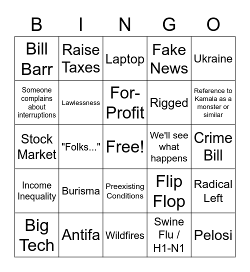 October 2020 Presidential debate Bingo Card