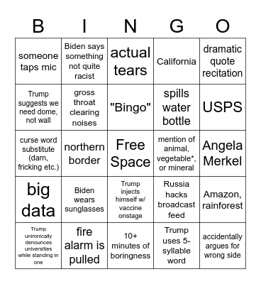 October 22 2020 Debate Bingo Card