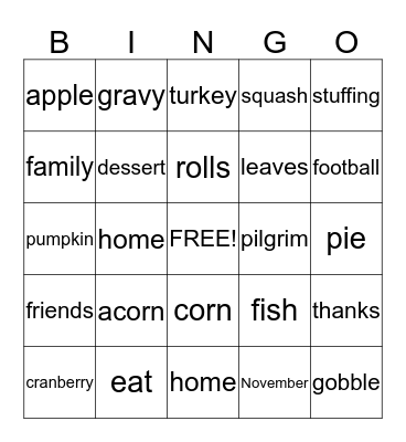 Thanksgiving BINGO Card