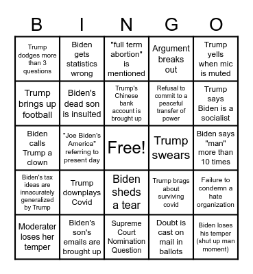 Presidential Election Debate 2020 Bingo Card