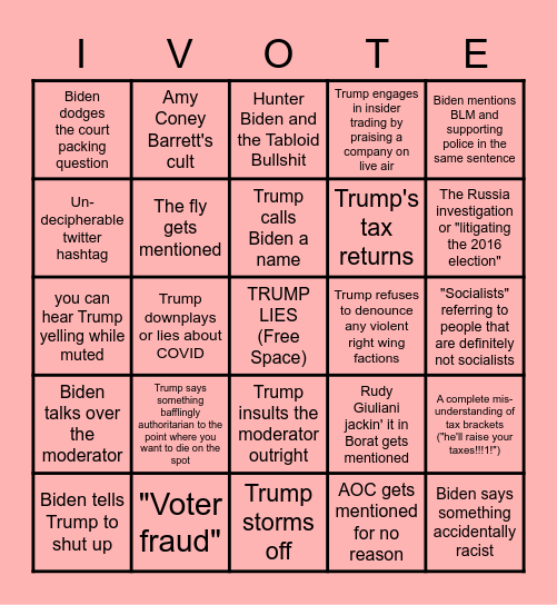 10/22/2020 Disaster Debate Bingo Card