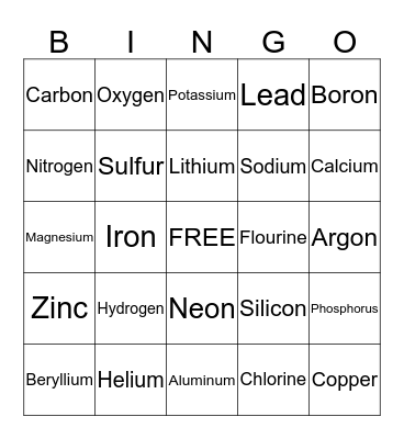 Elements of the Periodic Table Bingo Card