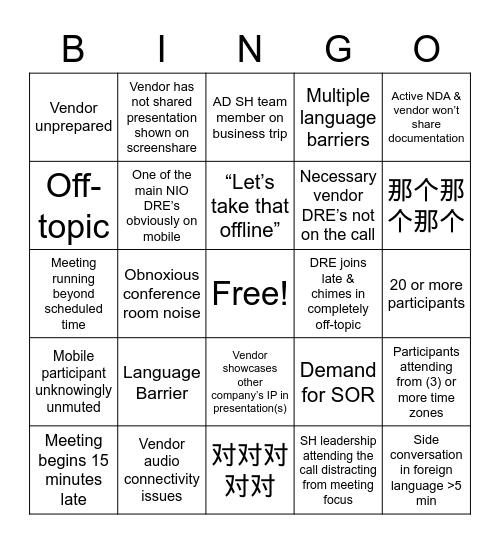 ADHW Conference Call Bingo Card