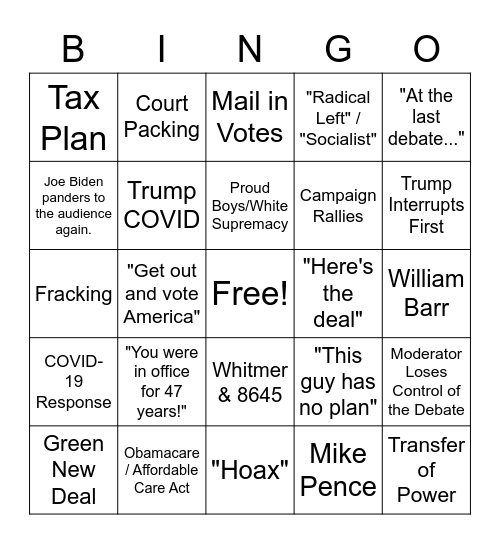 Last Presidential Debate Bingo Card