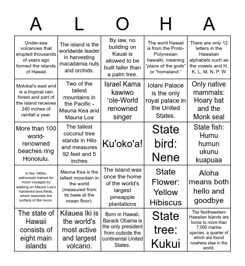 Aloha Bingo! Bingo Card