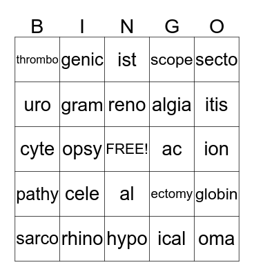 Medical Terminology Bingo Card